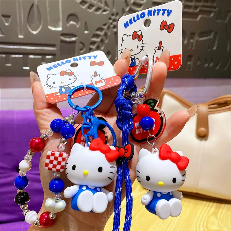 Wholesale Sanrio Keychain Hello Kitty Schoolbag Pendant Kawaii Kt Red Blue White Cartoon Key Kitty Tv Beaded Keyring Girl Gift ﻿