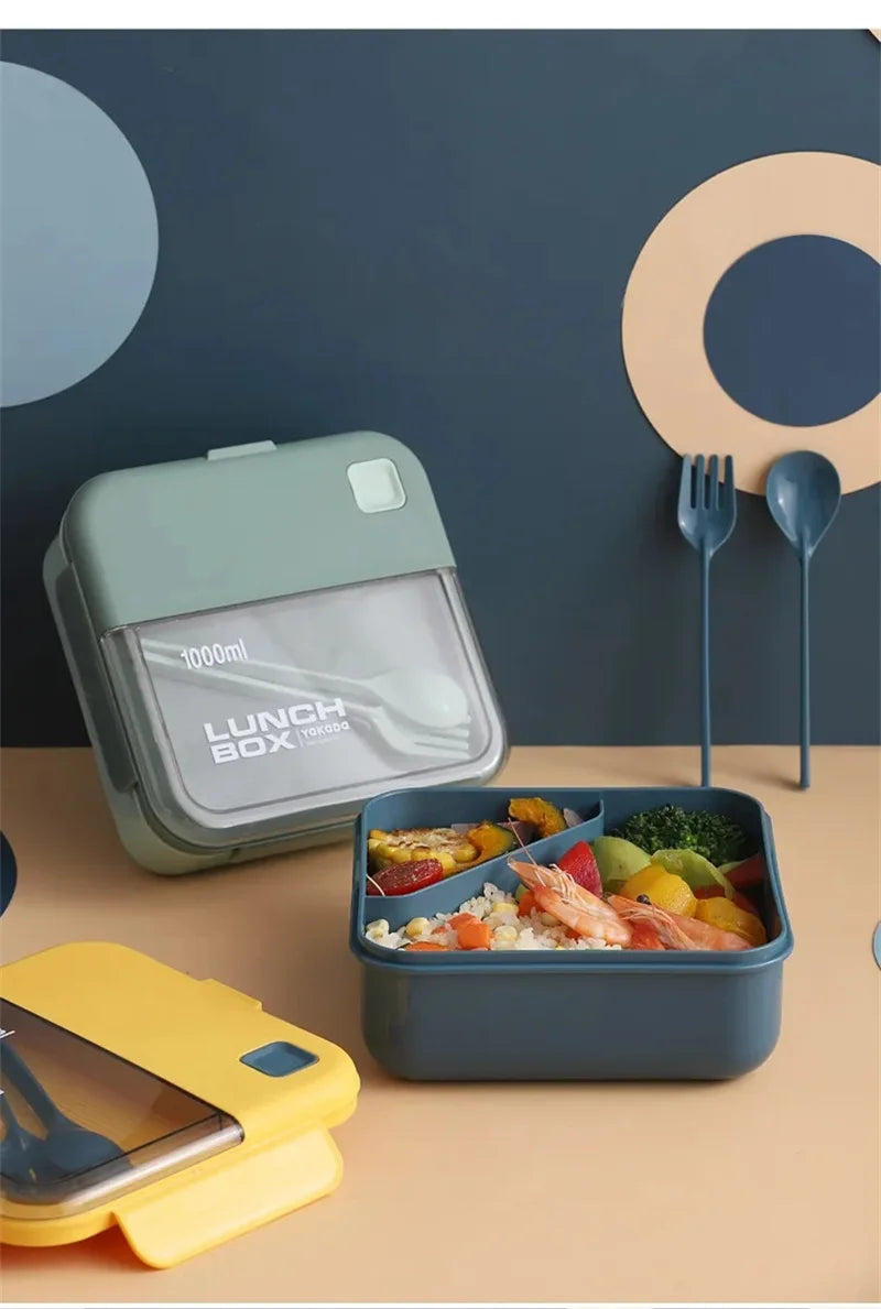 Portable Lunch Box Grid Children Student Office Bento Box with Fork Spoon Leakproof Microwavable Prevent School Food Storage Box