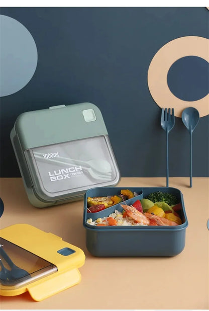 Portable Lunch Box Grid Children Student Office Bento Box with Fork Spoon Leakproof Microwavable Prevent School Food Storage Box