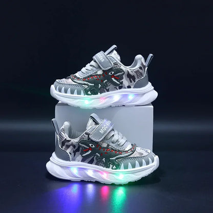 Spring New Children's Sports Shoes Cartoon Dinosaur Children's LED Light Shoes Soft Sole Boys' Causal Sneakers 2-6 Years Old