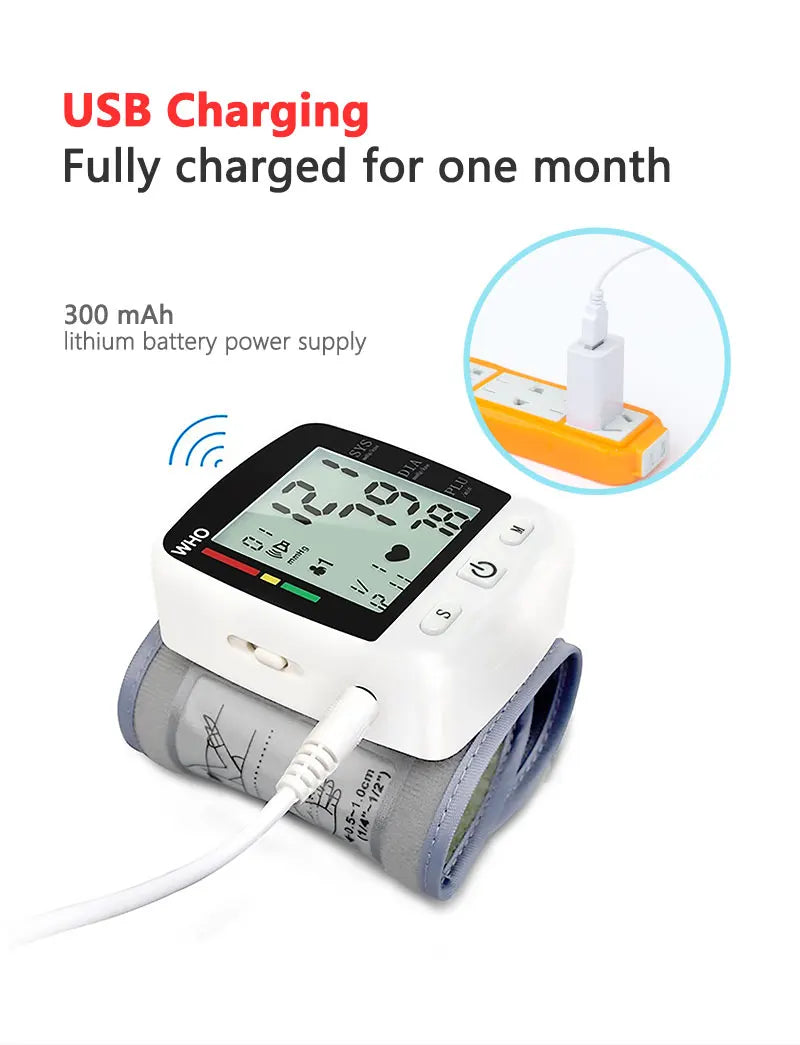 Rechargeable Digital Blood Pressure Monitor Wrist Electronic Sphygmomanometer  Tensiometer With LCD Display, 2 X 99 Memory