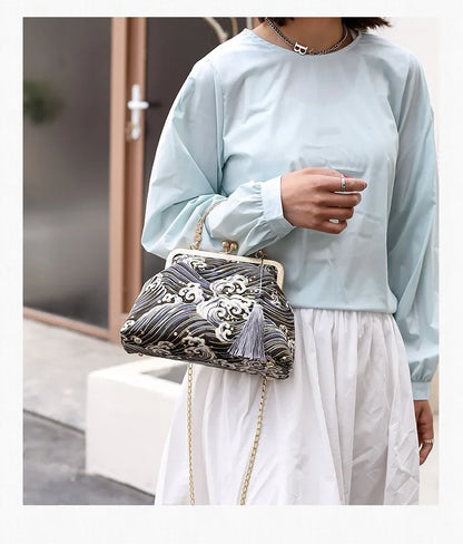 Fashion Vintage Fringe Bag Small Shell Bags Chain Women Shoulder Crossbody Bag Crane Flying Women's Handbags Purses Embroidery