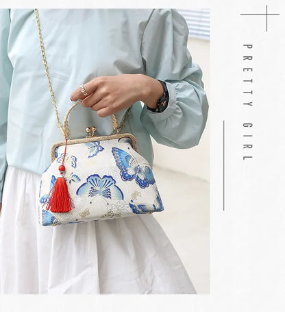 Fashion Vintage Fringe Bag Small Shell Bags Chain Women Shoulder Crossbody Bag Crane Flying Women's Handbags Purses Embroidery