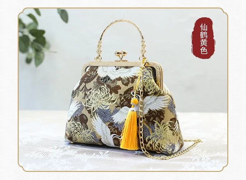 Fashion Vintage Fringe Bag Small Shell Bags Chain Women Shoulder Crossbody Bag Crane Flying Women's Handbags Purses Embroidery