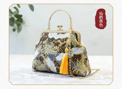 Fashion Vintage Fringe Bag Small Shell Bags Chain Women Shoulder Crossbody Bag Crane Flying Women's Handbags Purses Embroidery