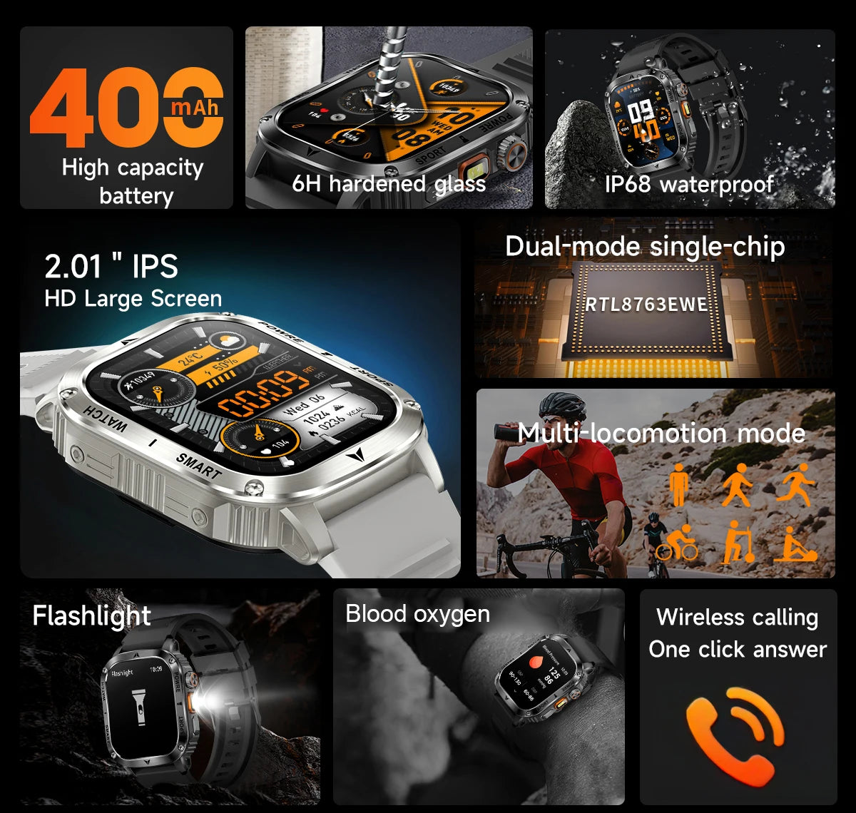 LIGE New Premium Military Smart Watch Men Flashlight Waterproof Outdoor Sport Tracker Bluetooth Call Smartwatch 400mAh Battery