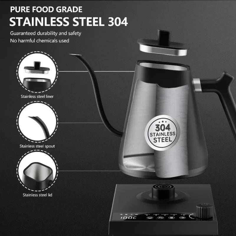 1000W Smart Thermostatic Gooseneck Design for Pour-Over Coffee & Tea 304 Stainless Steel Electric Kettle 600ml Capacity
