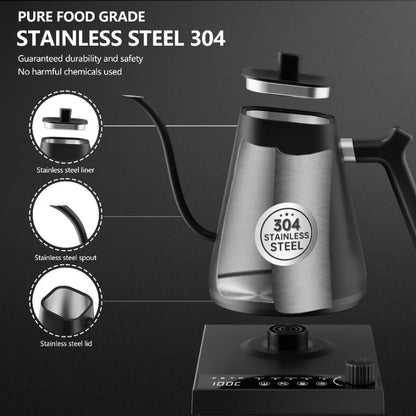 1000W Smart Thermostatic Gooseneck Design for Pour-Over Coffee & Tea 304 Stainless Steel Electric Kettle 600ml Capacity