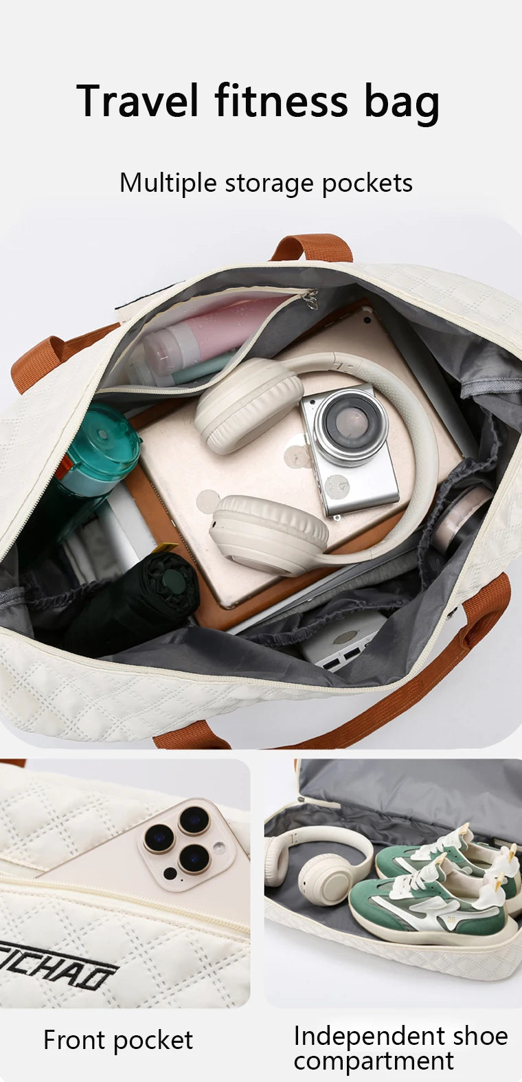 Nylon Travel Duffle Bag with Shoe Compartment, Large Capacity Argyle Pattern Casual Weekender Overnight Gym Storage Bag