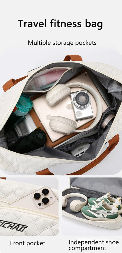 Nylon Travel Duffle Bag with Shoe Compartment, Large Capacity Argyle Pattern Casual Weekender Overnight Gym Storage Bag
