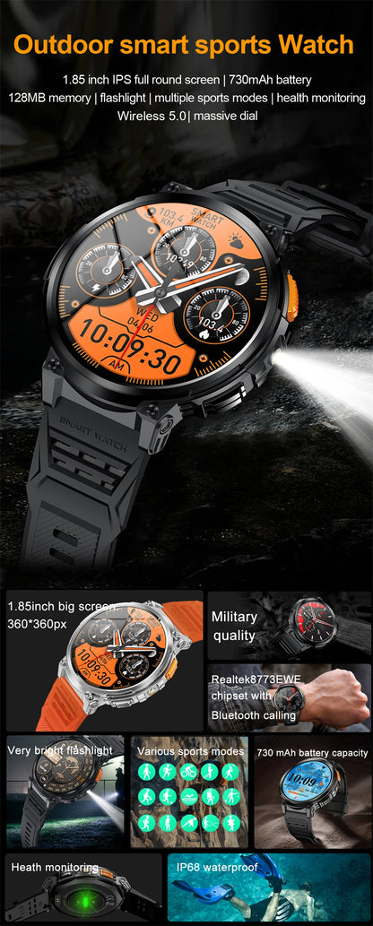 LIGE 1.85"HD Screen Outdoor Sport Smartwatch Men Heart Rate Flashlight Watch 730mAh Battery Waterproof Wireless Call Smart Watch
