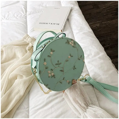 Sweet Lace Round Handbags High Quality PU Leather Women Crossbody Bags for Women 2025 Small Fresh Flower Chain Shoulder
