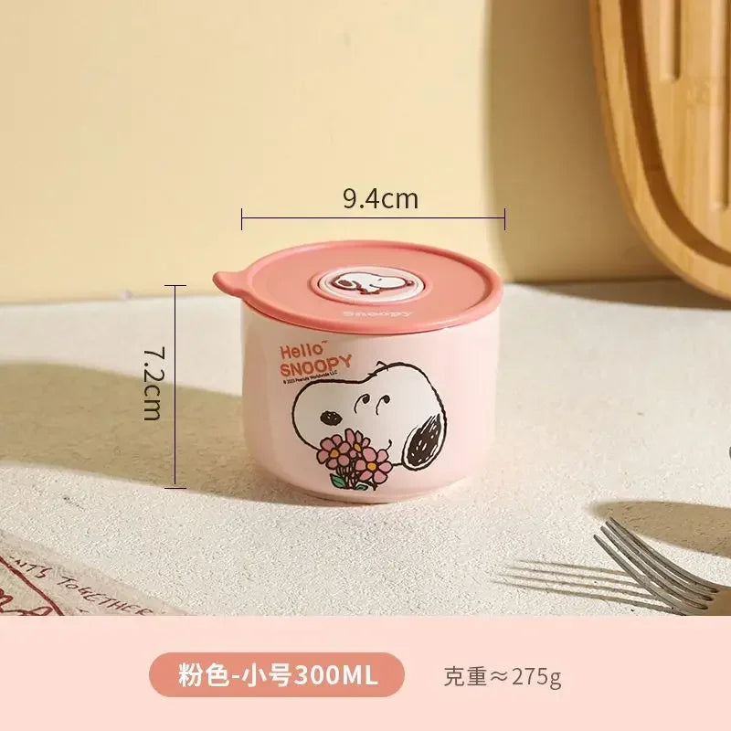 Snoopy animation peripheral cartoon safety bowl sealed ceramic box with lid can be microwaved and portable for office workers