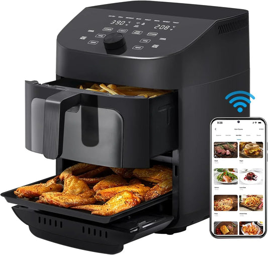 Dual Basket Air Fryer Oven 11 Quart 8 in 1 Functions, Clear Window, Smart Sync Finish, Works with Alexa, Wi-Fi Connectivity