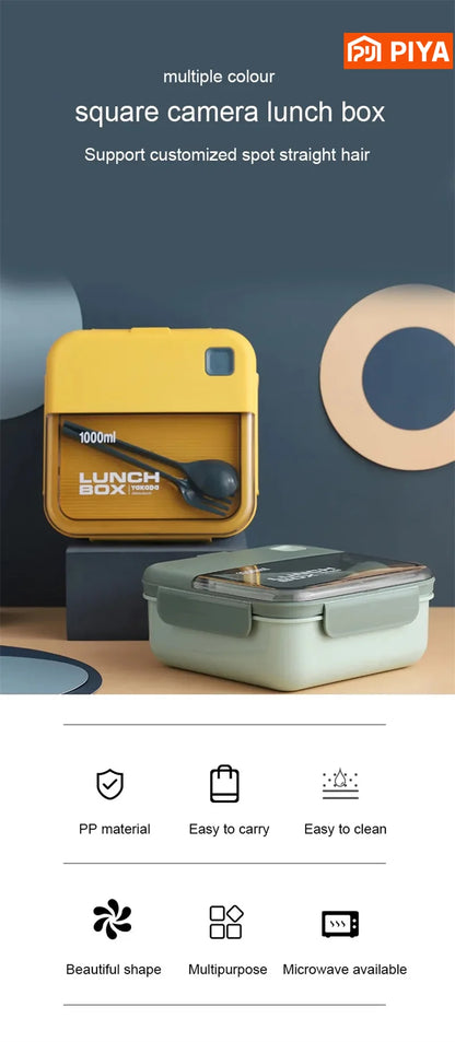 Portable Lunch Box Grid Children Student Office Bento Box with Fork Spoon Leakproof Microwavable Prevent School Food Storage Box