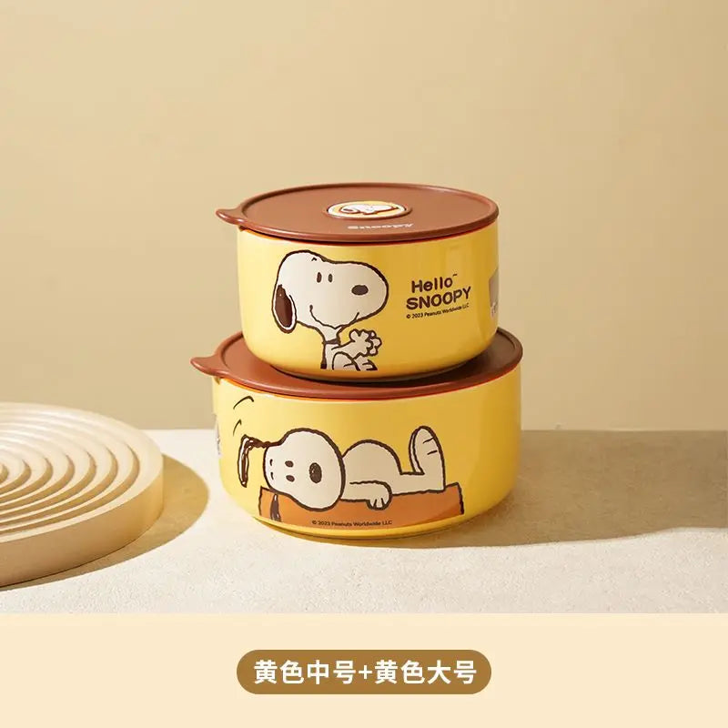 Snoopy animation peripheral cartoon safety bowl sealed ceramic box with lid can be microwaved and portable for office workers