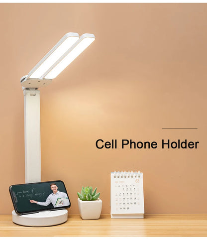 LED Table Lamp USB Chargeable Dimmable Clock Desk Lamps 2 Heads 180 Rotate Foldable Eye Protection Desktop Reading Night Lights