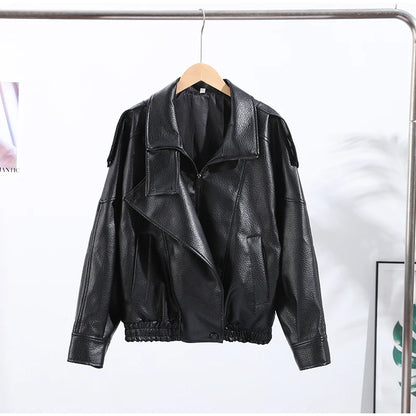 Retro Stand Collar PU Leather Jacket Women Classic Casual Zipper Single Breasted Black Jackets Lady 2025 Autumn Chic Streetwear