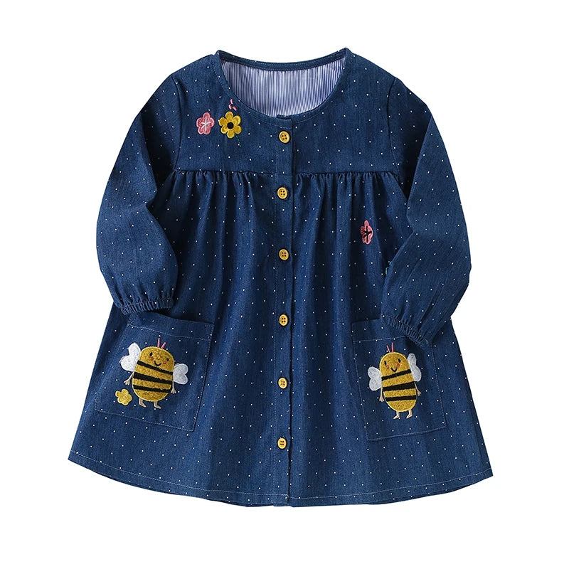 Little maven Children's Clothing 2024 Autumn Spring Baby Girls Kids Clothes Long Sleeves Cartoon Bees Dress with Pockets Cotton