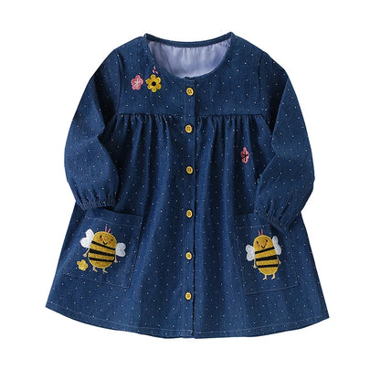 Little maven Children's Clothing 2024 Autumn Spring Baby Girls Kids Clothes Long Sleeves Cartoon Bees Dress with Pockets Cotton
