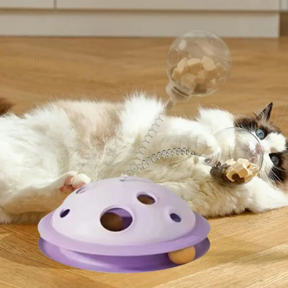 Plastic Cat Leaking Food Ball Detachable Interactive Cat Turntable Toy with Spring Rod Cat Track Kitten Playing Balls Toy