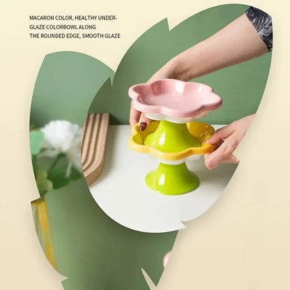 Pet Bowl Ceramic Flower Design Cat Food Bowl High Foot Water Plate Snack Dish with Stand for Neck Protection Drinking Water