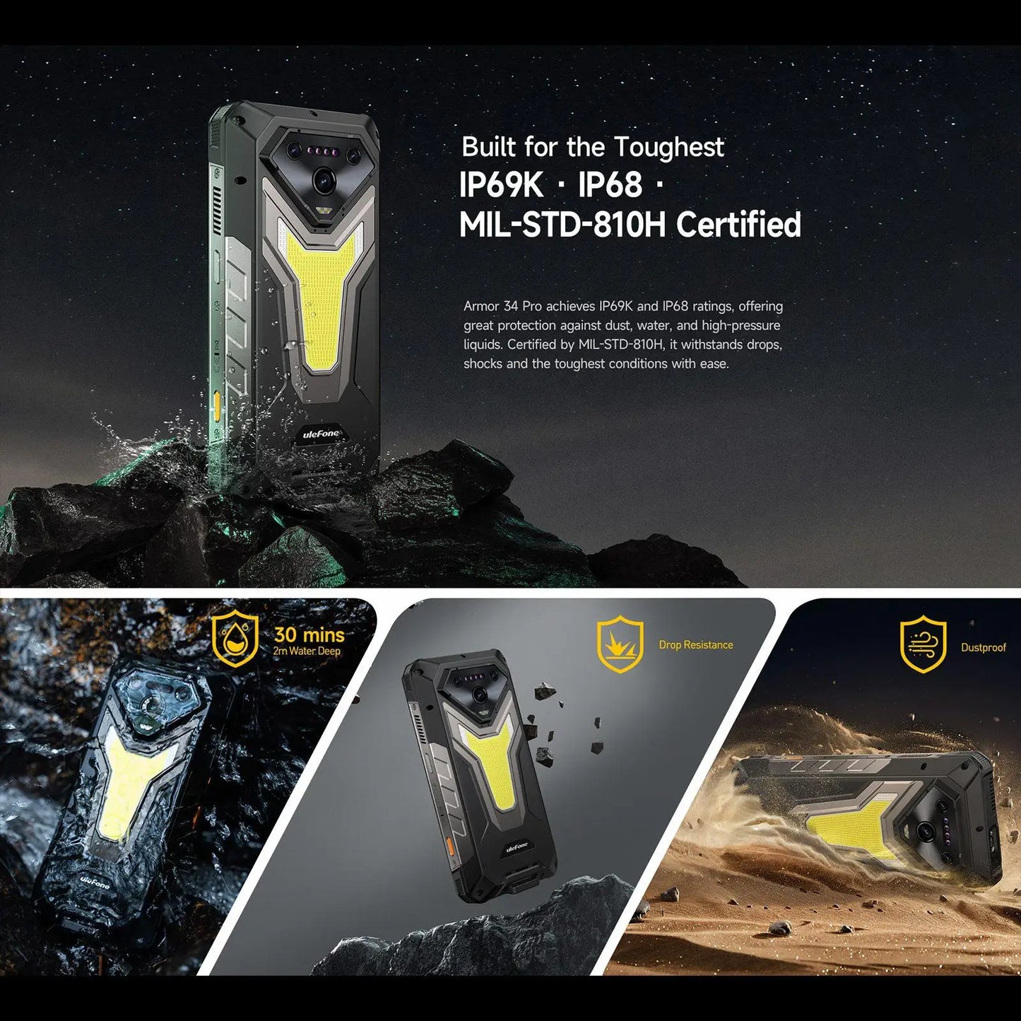 Ulefone Armor 34 Pro 5G AI Rugged Phone 32GB+512GB 25500mAh 6.95" Built-in Projector 120Hz Android 15 MTK 7300 NFC Smartphone