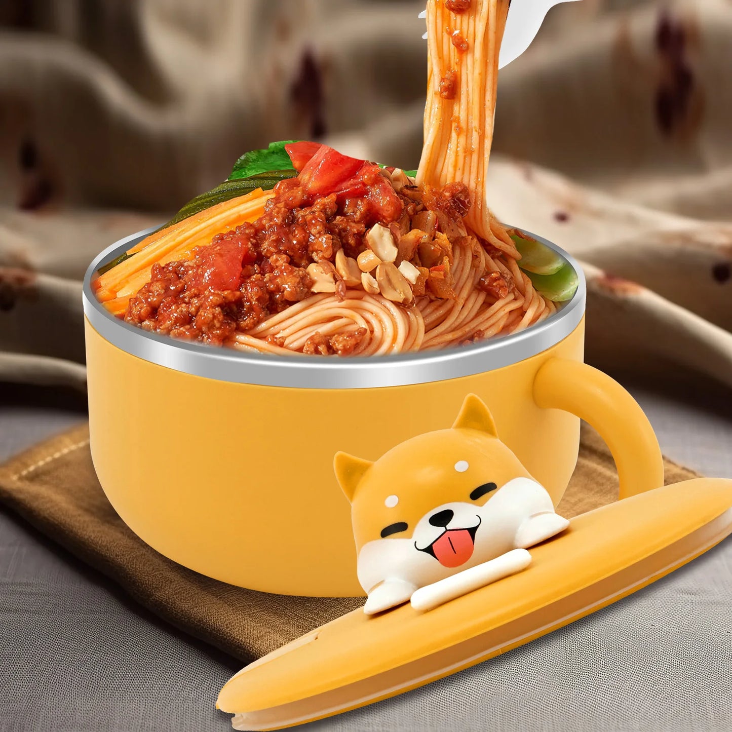 1200ml Ramen Bowl 304 Stainless Steel Noodle Bowl with Lid and Spork Heat Resistant with Handles Ramen Noodles Bowl Cooker