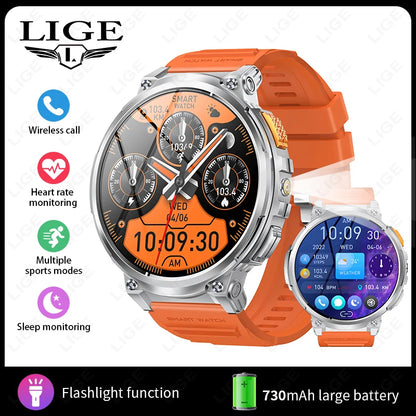 LIGE 1.85"HD Screen Outdoor Sport Smartwatch Men Heart Rate Flashlight Watch 730mAh Battery Waterproof Wireless Call Smart Watch