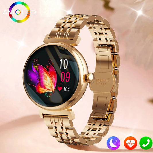 AMOLED Bluetooth Call Smart Watch Screen Always Display 1.04 inch Fashion Ladies Smartwatch Metal Body Small Screen Watch