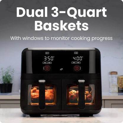 6 Quart Dual Basket Air Fryer Oven with Easy View Windows, Sync Finish, Hi-Fry, Auto Shutoff, 2 Independent 3Qt Nonstick