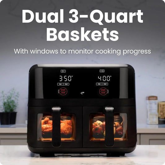 6 Quart Dual Basket Air Fryer Oven with Easy View Windows, Sync Finish, Hi-Fry, Auto Shutoff, 2 Independent 3Qt Nonstick