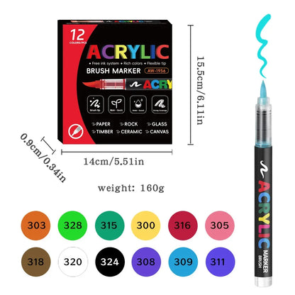 12-48 Color Acrylic Marker Pen Set Waterproof Scrapbook DIY Brush Tip Drawing Paint Marker Art School Supplies Stationery