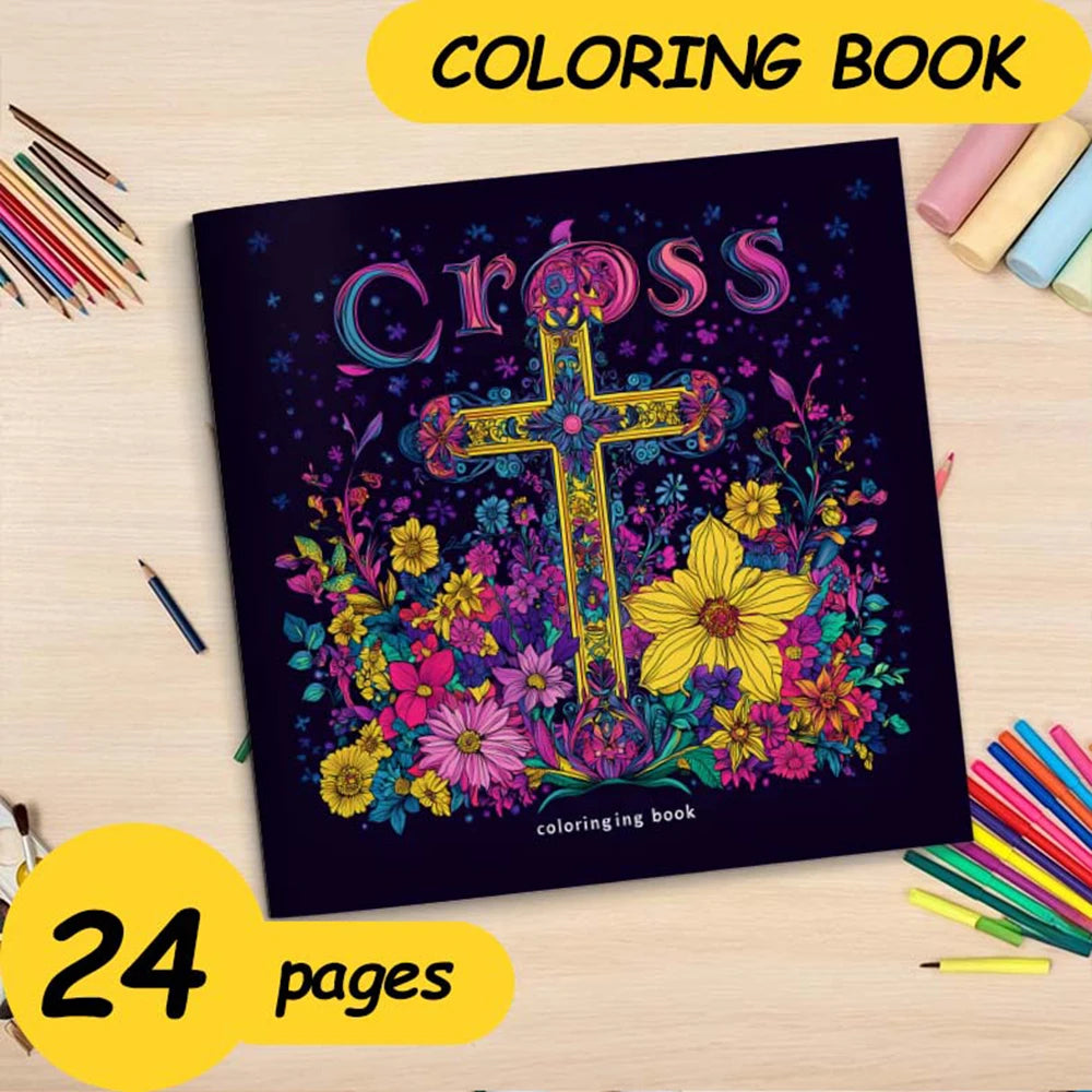 Cross surrounded by flowers Art Coloring Book 24 page Adult Picture Book help relieve stress and mood Graffiti Painting Drawing