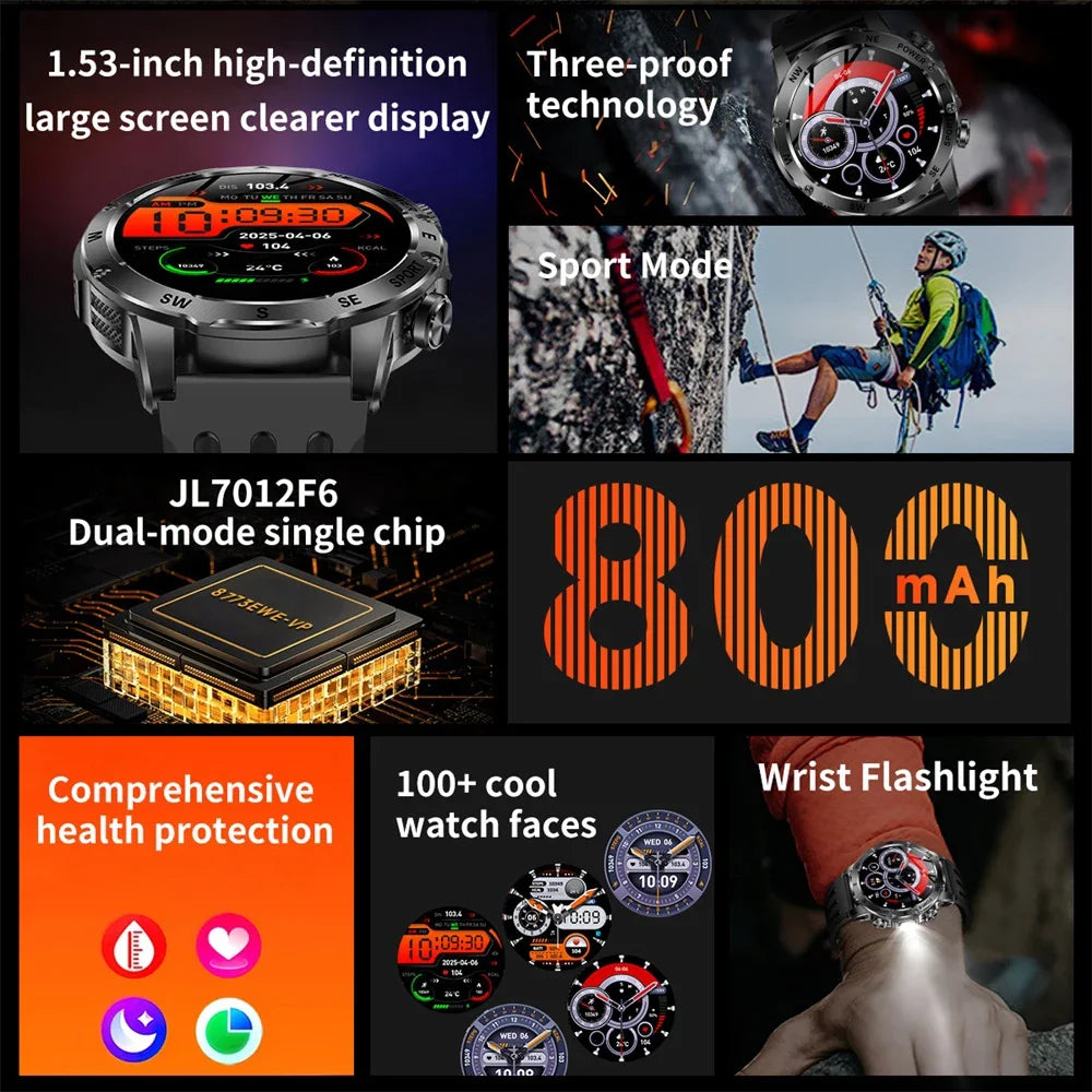 Outdoors Smart Watch Men Women BT Call Health Music 800Mah Battery Smartwatch Flashlight Compass Sports Fitness IP68 Waterproof