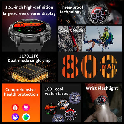 Outdoors Smart Watch Men Women BT Call Health Music 800Mah Battery Smartwatch Flashlight Compass Sports Fitness IP68 Waterproof
