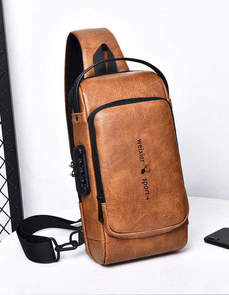 New Casual Chest Bag Travel shoulder bag Men Multifunction Anti-theft USB Charging Crossbody Bag Quality PU Leather Pack Male