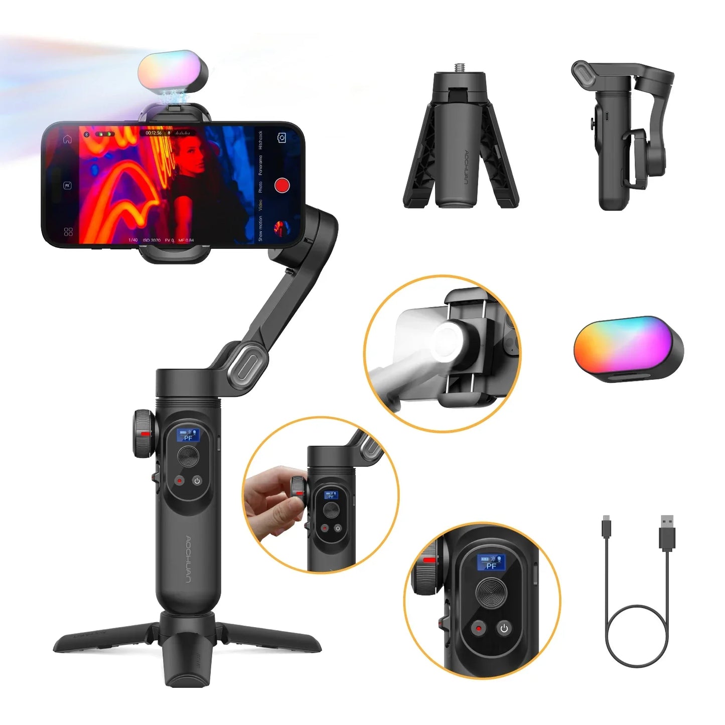 3-Axis Handheld Stabilizer Wireless Charger LED Display Light Focusing Wheel for iOS Android Phones Smart X Pro Universal Joint