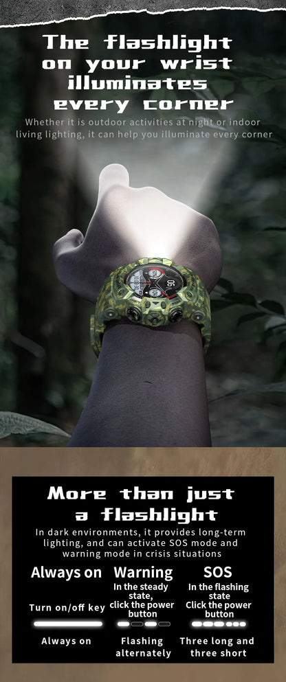 2025New Outdoor Sports Flashlight Fitness Smart Watch Bluetooth Call Multiple Sports Modes Compass Waterproof Outdoor Durable