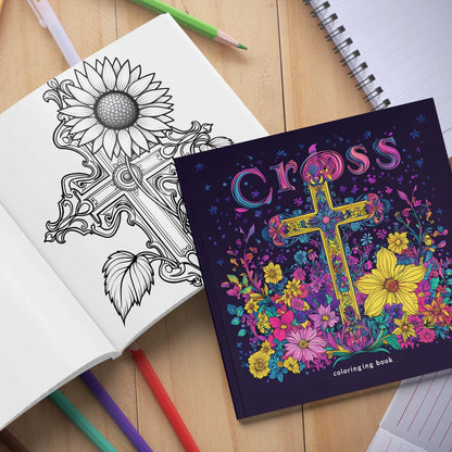Cross surrounded by flowers Art Coloring Book 24 page Adult Picture Book help relieve stress and mood Graffiti Painting Drawing
