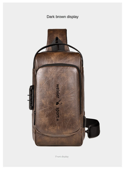 New Casual Chest Bag Travel shoulder bag Men Multifunction Anti-theft USB Charging Crossbody Bag Quality PU Leather Pack Male