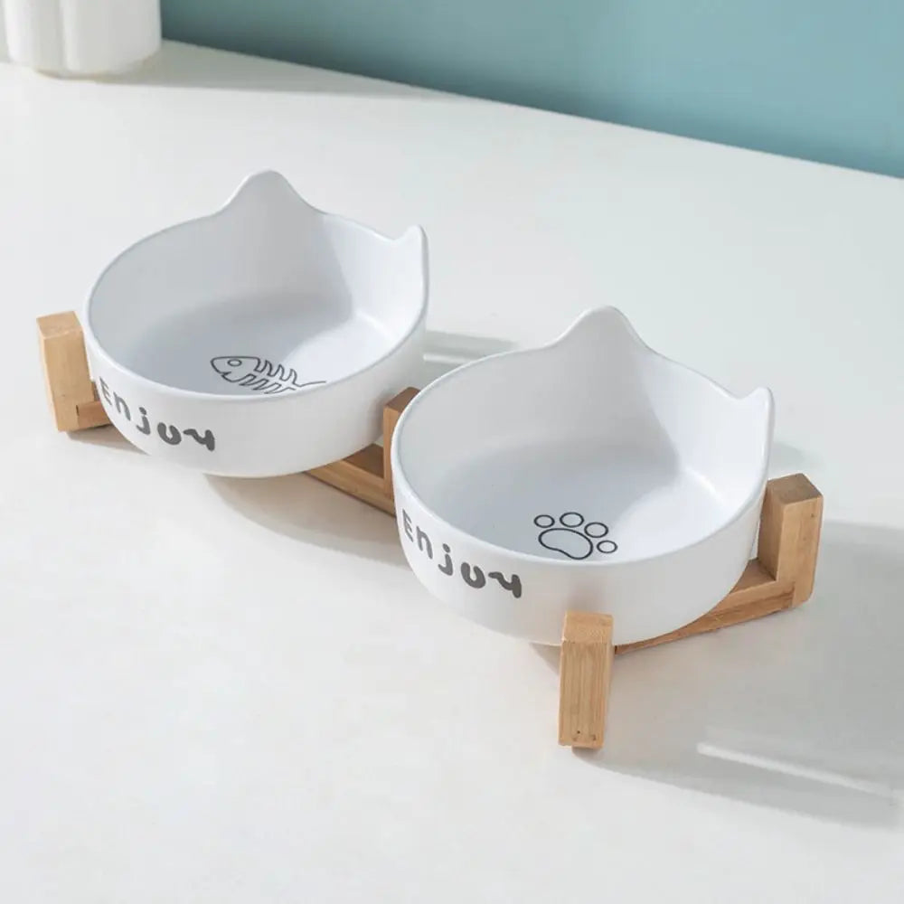 Ceramic Pet Bowl Cute Single/Double Bowl Dog Food Feeding Basin Large Capacity with Rack Pet Drinking Feeder Neck Protection