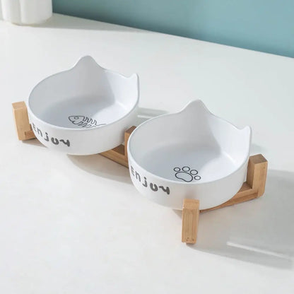 Ceramic Pet Bowl Cute Single/Double Bowl Dog Food Feeding Basin Large Capacity with Rack Pet Drinking Feeder Neck Protection