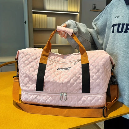 Nylon Travel Duffle Bag with Shoe Compartment, Large Capacity Argyle Pattern Casual Weekender Overnight Gym Storage Bag