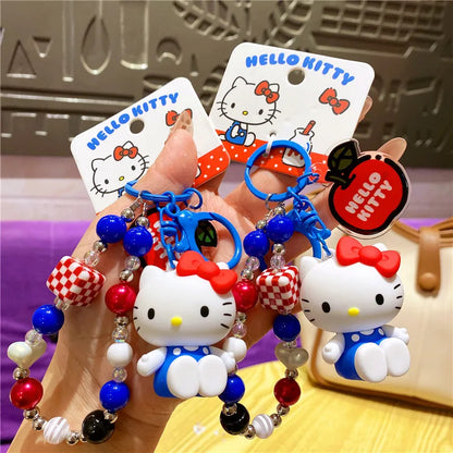 Wholesale Sanrio Keychain Hello Kitty Schoolbag Pendant Kawaii Kt Red Blue White Cartoon Key Kitty Tv Beaded Keyring Girl Gift ﻿