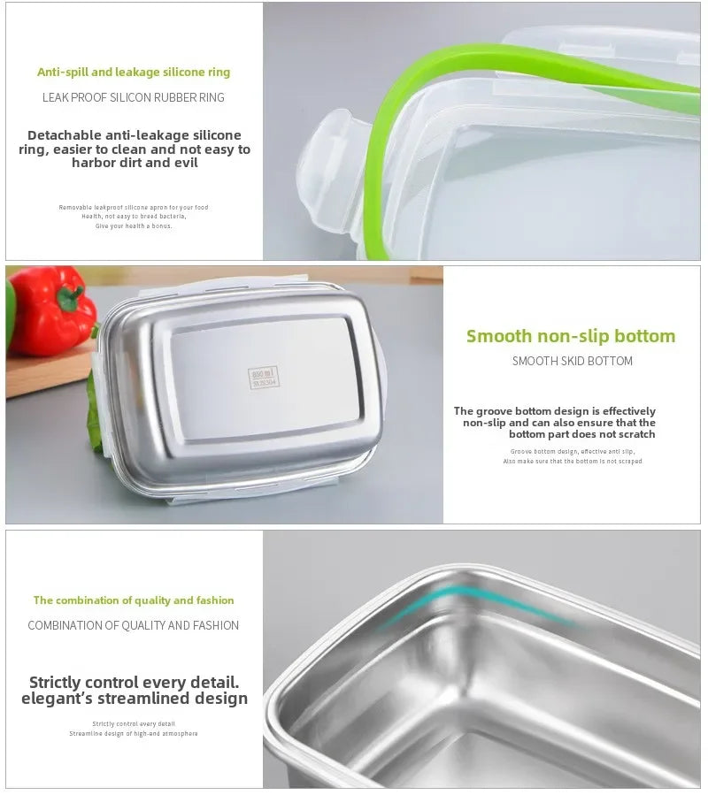 304 Stainless Steel Fresh-keeping Box Sealed Leak Proof Lunch Box Fruit Box with Lid Dumpling Container Refrigerated Storage Box