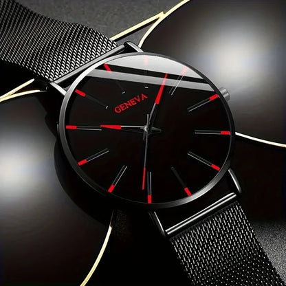 2-piece Fashion Men's Quartz Watch - Round with Date Function, Stainless Steel Strap