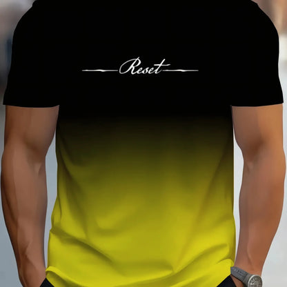 Alphabet Print Gradient Crew Neck Short Sleeve T-shirt For Men, Casual Summer T-Shirt For Daily Wear And Vacation Resorts