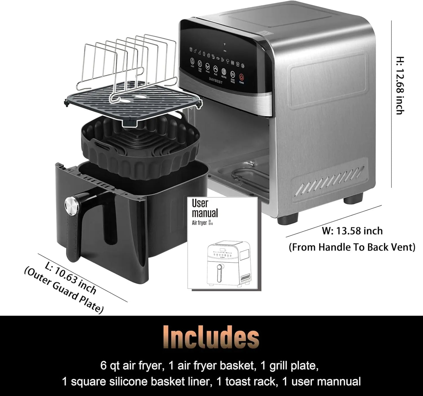 Ceramic Air Fryer Stainless Steel Shell Compact 6 QT for Small Family,  Max 450°F 12-in-1 Metal Airfryer Dual Heats 1700W