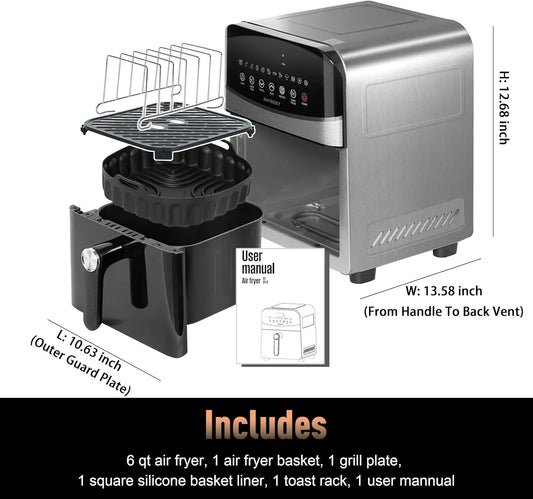 Ceramic Air Fryer Stainless Steel Shell Compact 6 QT for Small Family,  Max 450°F 12-in-1 Metal Airfryer Dual Heats 1700W